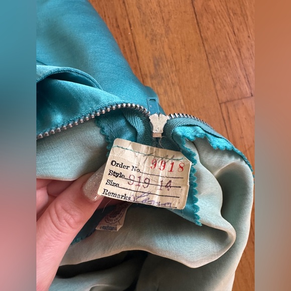 60s Vintage Blue Satin Gown w Rhinestone Accents Sz M - Picture 5 of 10